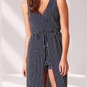Purple Snow Navy & White Pinstripe High Lo Maxi Romper Dress Size Large